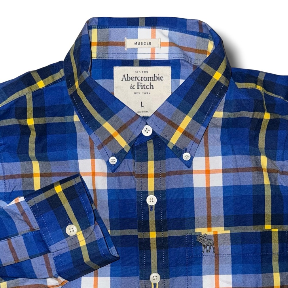 Abercrombie & Fitch Mens Muscle Fit Plaid Button Down Shirt Blue Yellow Large